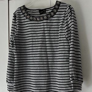 EUC! Rafaella Top - Jeweled Neck, Puff Sleeve - Black/White Stripe - Size S